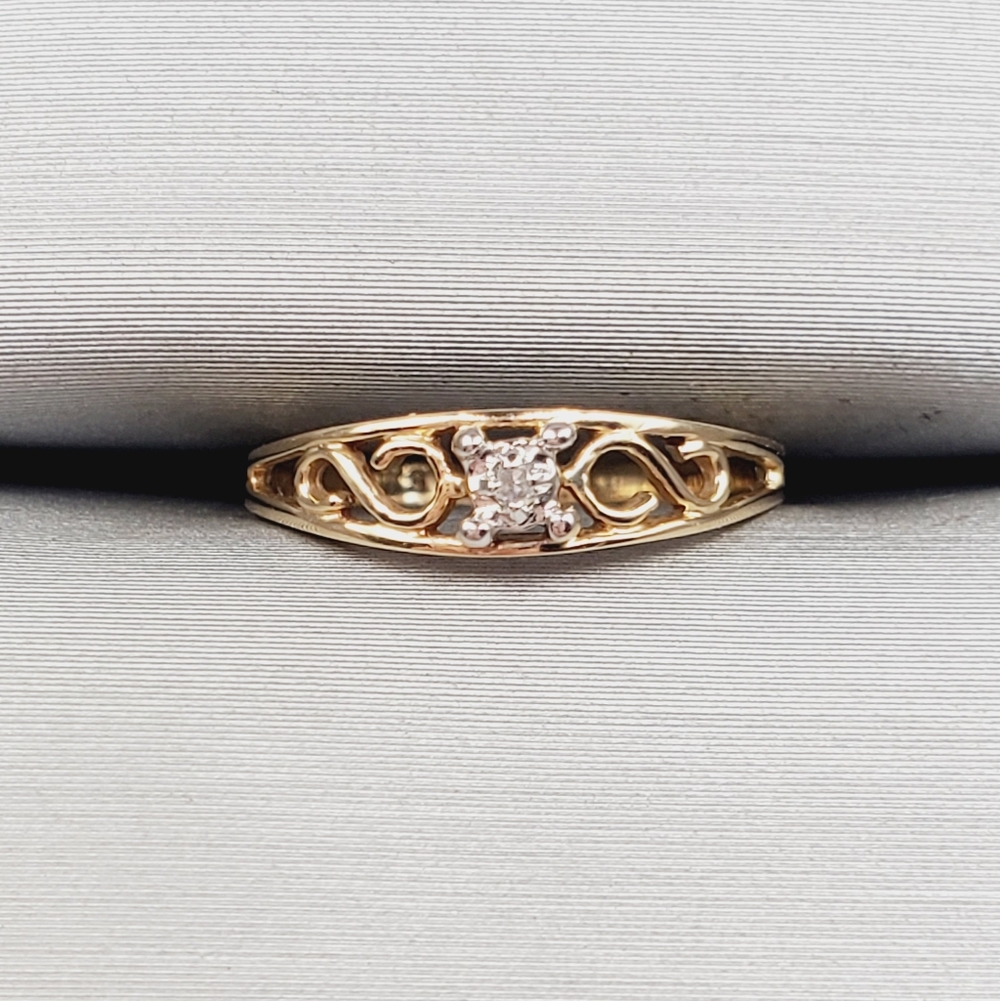 10K Yellow Gold Scroll Diamond Accent Ring - Tiny Baby Ring Knuckle Ring